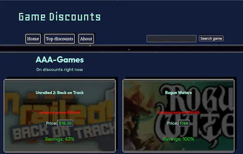 Screenshot of the website filipbernhard.com/game-discounts. Blue background with two features games.